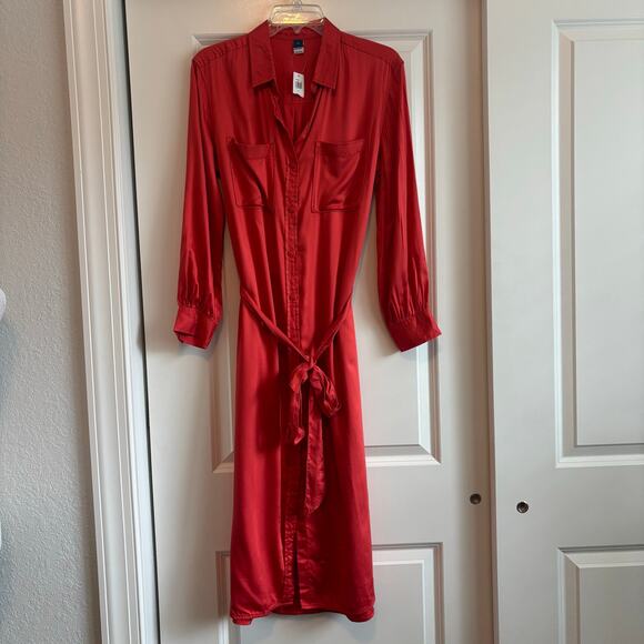 NWT Women’s Old Navy Tie Waist Button Up Shirt Dress Sz M Lava - Picture 2 of 16